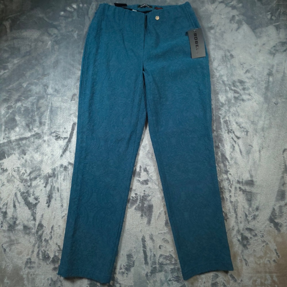 Robell Bella 09 Slim Fit Jacquard Paisley Ankle Trousers Teal Blue US 4 NEW